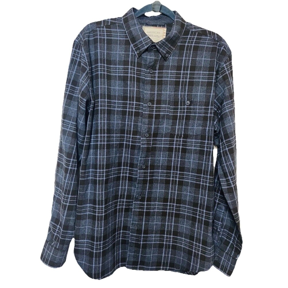 American Threads Button Down Shirt Men’s L Blue Black Plaid Outdoor Flannel Cozy